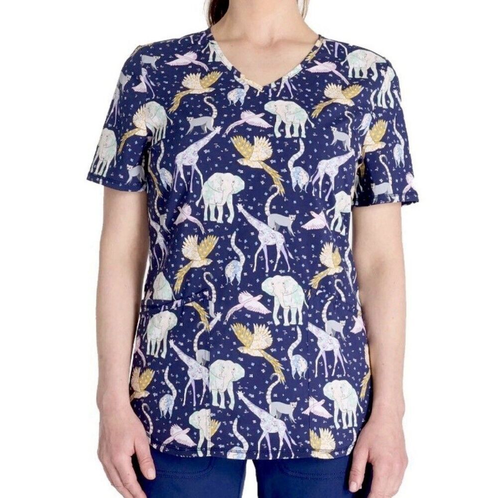 Scrubstar Scrub Top Womens L Animal Print V Neck Stretch Medical Uniform